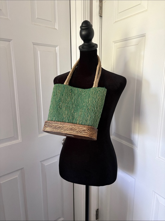 Patchouli Handbags - Patchouli Green Woven Handbag with Decorative Wooden Trim and Rope Handles.
